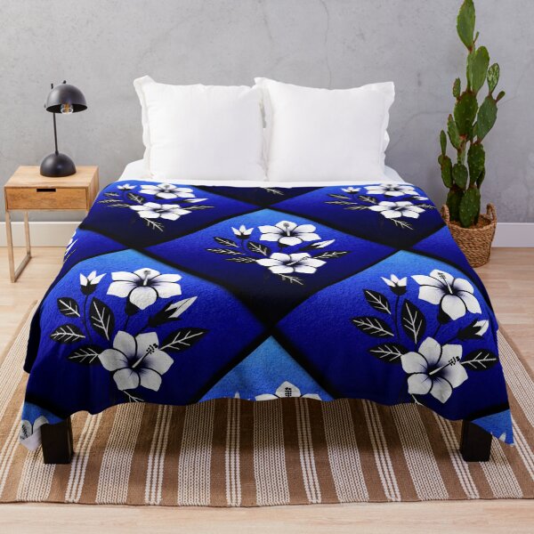 Item preview, Minimalist black and white hibiscus flower pattern on blue background for Pattern designed and sold by Audrey Janvier | AJD.