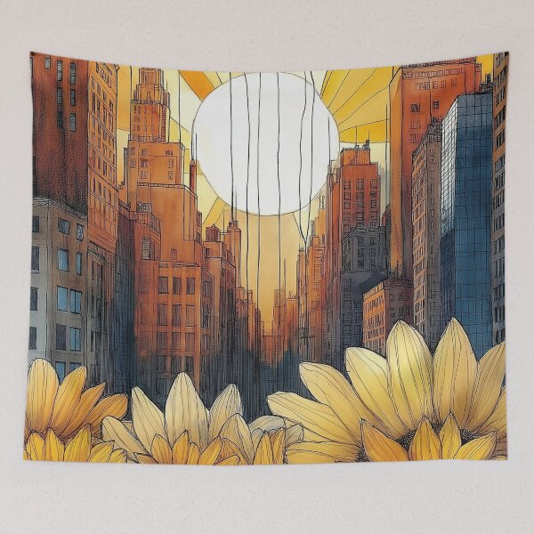 Item preview, Sunflower City. Urban illustration with flowers. designed and sold by Shoot-The-Moon.