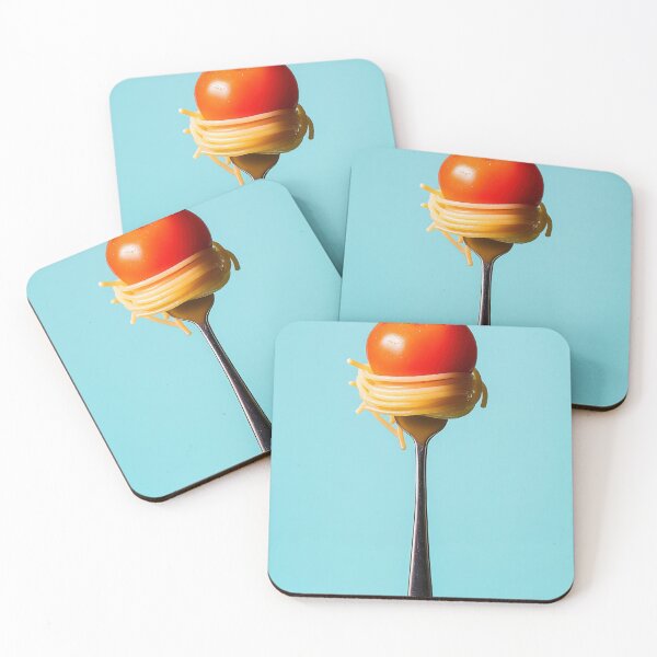 Item preview, A fork with a spaghetti twist and a juicy tomato on top against a bright turquoise background during a creative food shoot designed and sold by anytka.