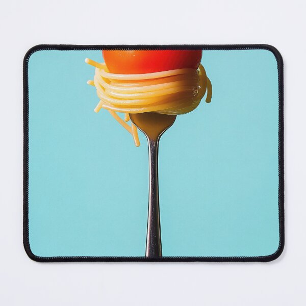 Item preview, A fork with a spaghetti twist and a juicy tomato on top against a bright turquoise background during a creative food shoot designed and sold by anytka.