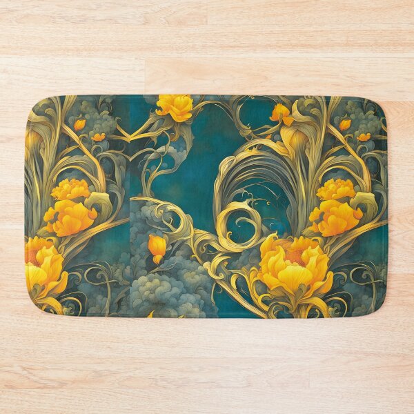 Artikelvorschau, Wirbelnde orangefarbene Blumen auf einem nebligen blaugrünen Hintergrund entworfen und verkauft von DreamyExposure.
