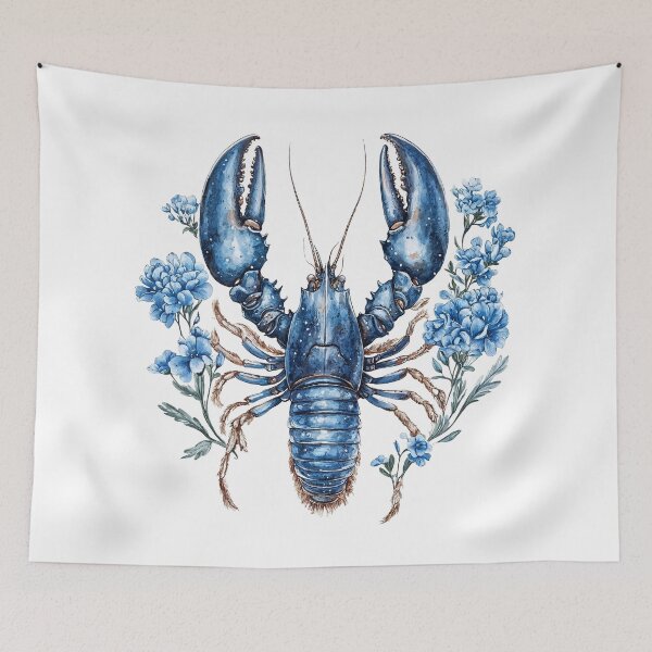 Item preview, Intricate blue lobster illustration surrounded by delicate flowers in a natural setting designed and sold by Anastasiia Yurevych.