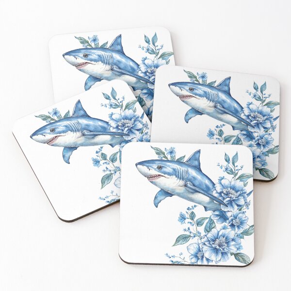 Item preview, Shark swims among blue floral designs in a vibrant and artistic illustration designed and sold by Anastasiia Yurevych.