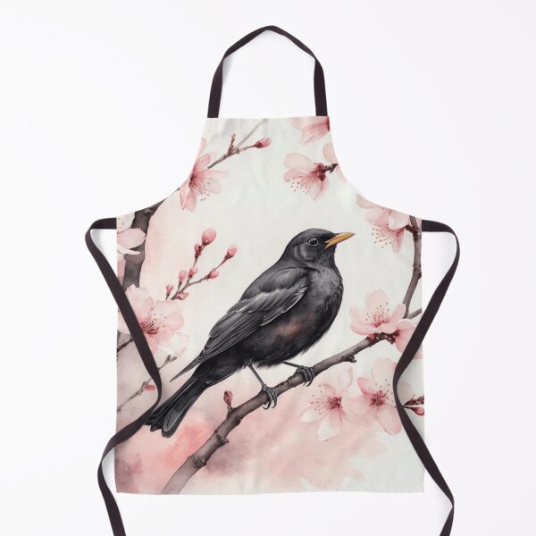 Item preview, Blackbird Among Cherry Blossoms Watercolor designed and sold by WaterBirdArt.