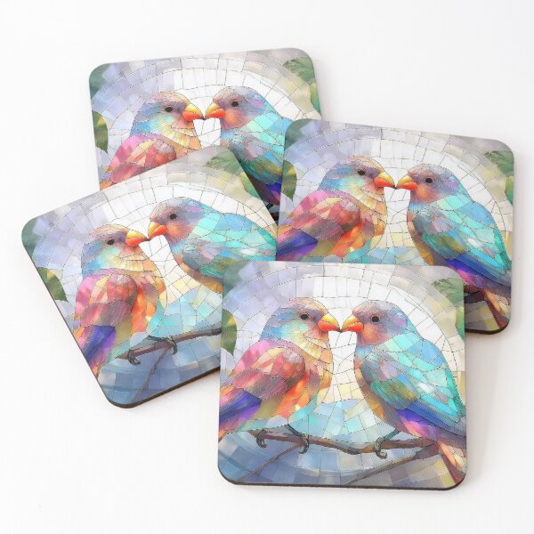 Item preview, LOVE BIRD on branch in stained glass effect, muted Pastel boho floral,  vibrant wildflower garden, watercolor rainbow coloured botanicals  designed and sold by navitalidesign.