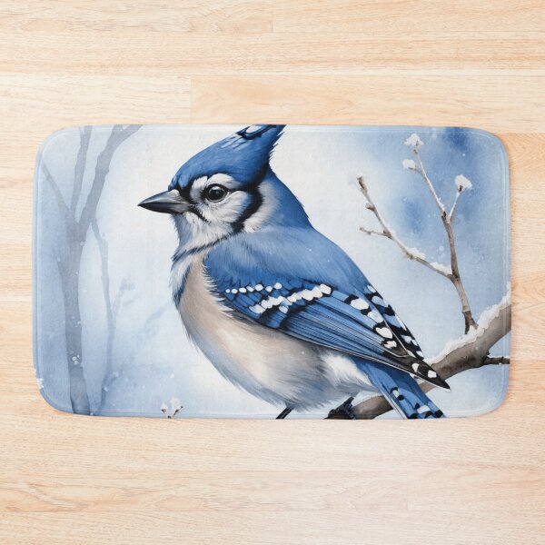 Artikelvorschau, Frosted Bluejay Aquarell in Winterszene entworfen und verkauft von WaterBirdArt.