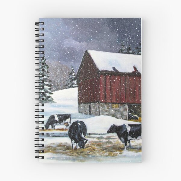 Artikelvorschau, Holstein Milchkühe im verschneiten Scheunenhof, Original-Gemälde, alte rote Scheune entworfen und verkauft von JoyfulWhimsy.