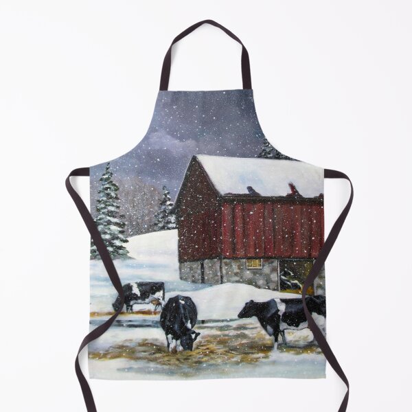 Artikelvorschau, Holstein Milchkühe im verschneiten Scheunenhof, Original-Gemälde, alte rote Scheune entworfen und verkauft von JoyfulWhimsy.