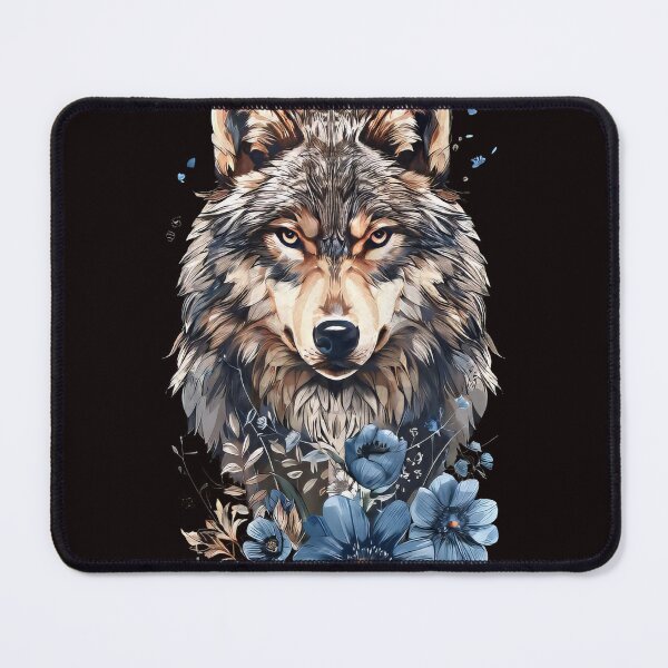 Artikelvorschau, Majestätischer Wolf mit blauen Blumen - Naturinspirierte Kunst entworfen und verkauft von EmiBarDesign.