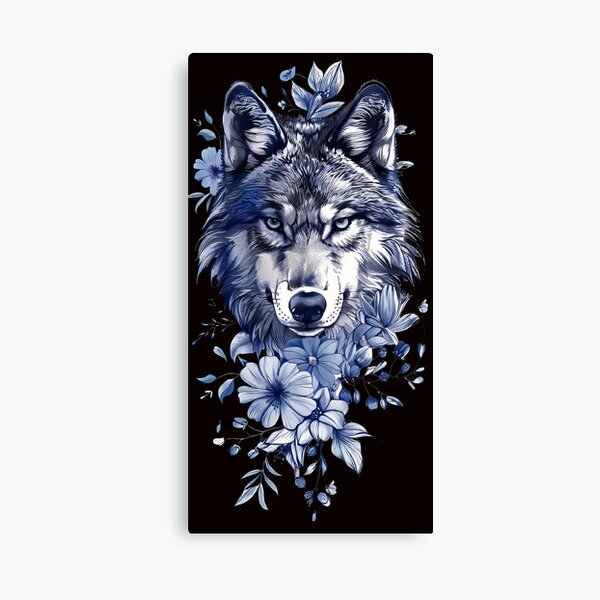 Item preview, Majestic Wolf with Blue Flowers - Nature-Inspired Art designed and sold by EmiBarDesign.