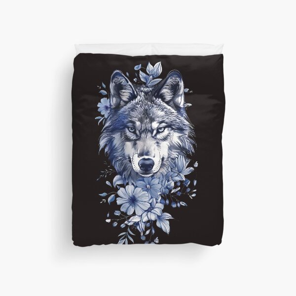 Item preview, Majestic Wolf with Blue Flowers - Nature-Inspired Art designed and sold by EmiBarDesign.