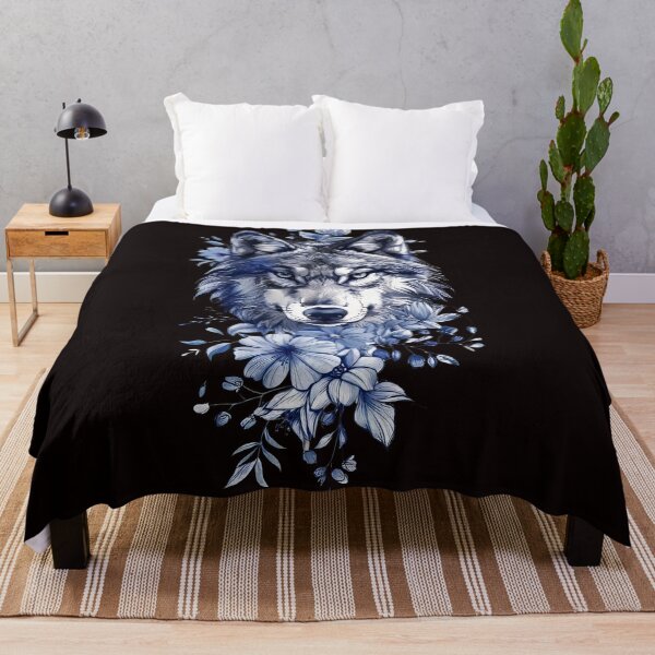 Item preview, Majestic Wolf with Blue Flowers - Nature-Inspired Art designed and sold by EmiBarDesign.
