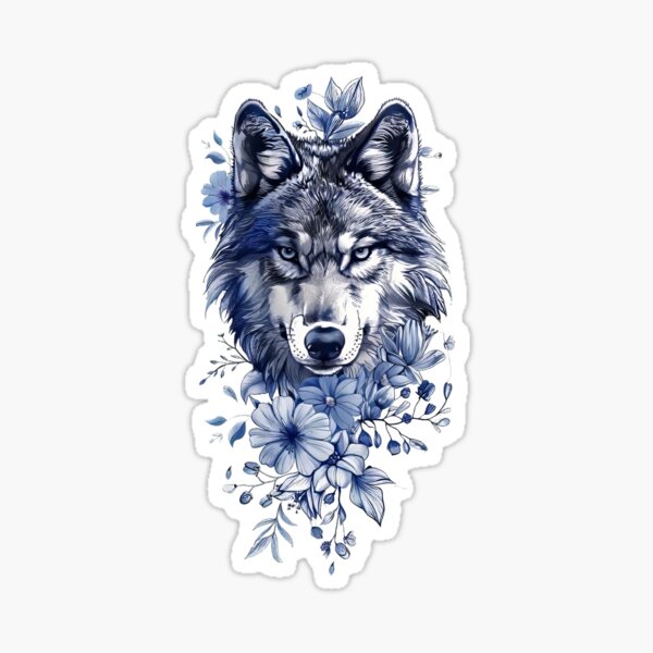 Item preview, Majestic Wolf with Blue Flowers - Nature-Inspired Art designed and sold by EmiBarDesign.