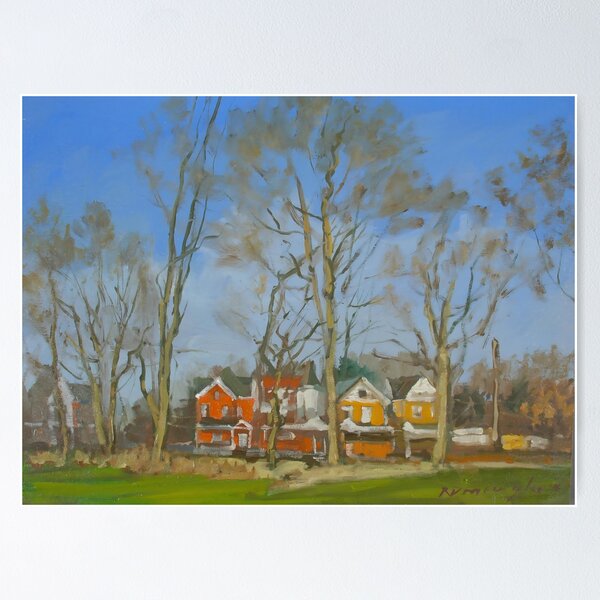 Item preview, Ron Donoughe Painting – Bright Houses Framed by Winter Trees Under a Clear Blue Sky designed and sold by ShopyWall.