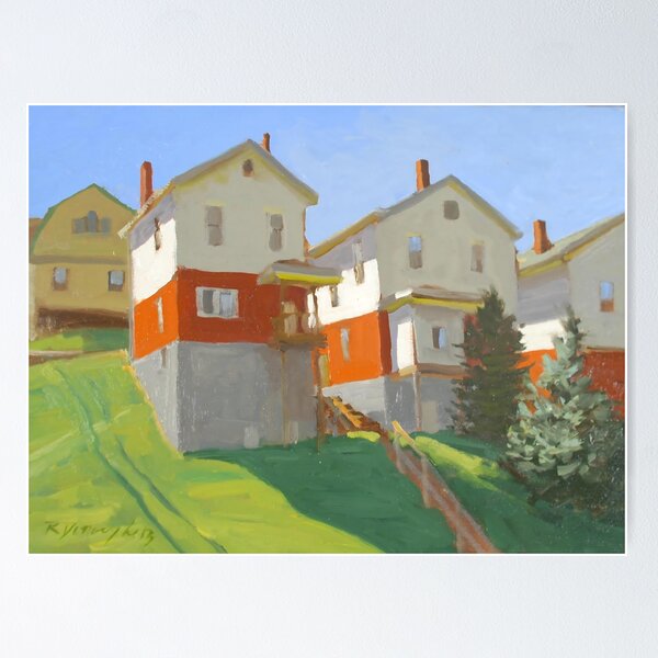 Item preview, Ron Donoughe Painting – Bright Hillside Homes with Green Lawn and Vibrant Red Accents designed and sold by ShopyWall.