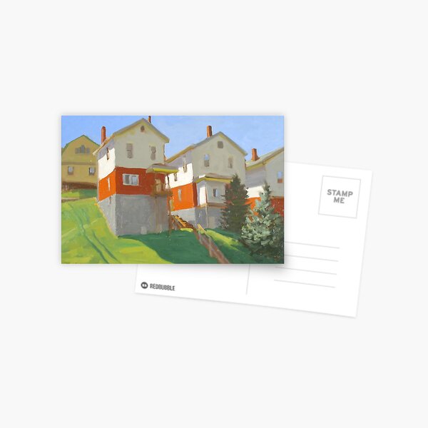 Item preview, Ron Donoughe Painting – Bright Hillside Homes with Green Lawn and Vibrant Red Accents designed and sold by ShopyWall.