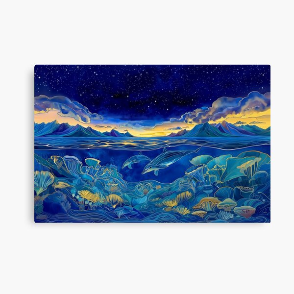 Item preview, Dolphins Swimming Through Coral Reef at Night designed and sold by MagicalOceanArt.