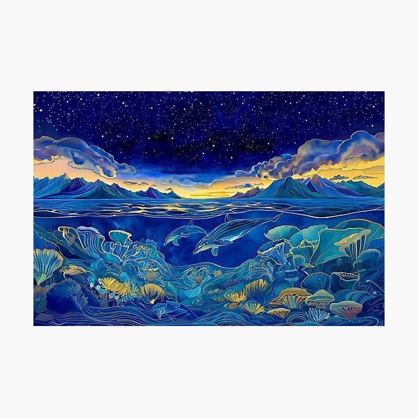 Item preview, Dolphins Swimming Through Coral Reef at Night designed and sold by MagicalOceanArt.