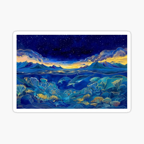 Item preview, Dolphins Swimming Through Coral Reef at Night designed and sold by MagicalOceanArt.