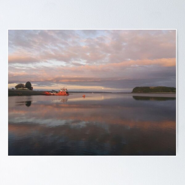 Item preview, Sunset clouds reflections and old cargo ship on Abtao Island (Chiloé MA/XM) designed and sold by MAMB007.