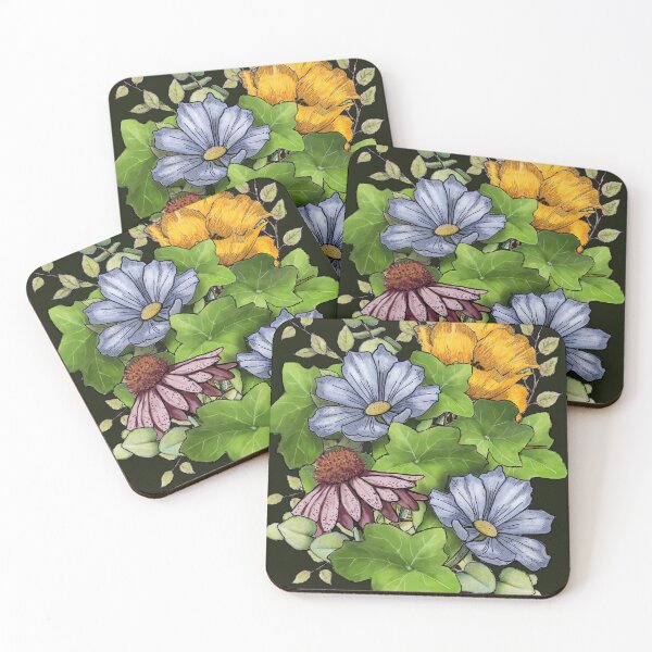 Item preview, FLOWERS and Leaves Hand Drawn Digital Floral Art Blue and Yellow designed and sold by JoyfulWhimsy.