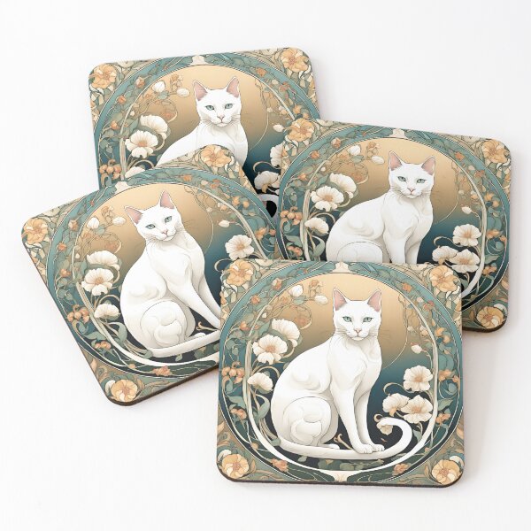 Item preview, Art Nouveau of a blue-eyed white cat sitting next to flowers designed and sold by LumiLemon.