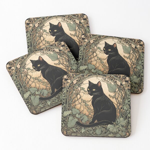 Item preview, Art Nouveau Halloween black cat sitting next to plants designed and sold by LumiLemon.