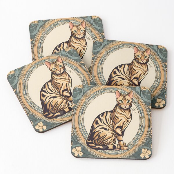 Item preview, Art Nouveau Bengal cat sitting next to flowers designed and sold by LumiLemon.