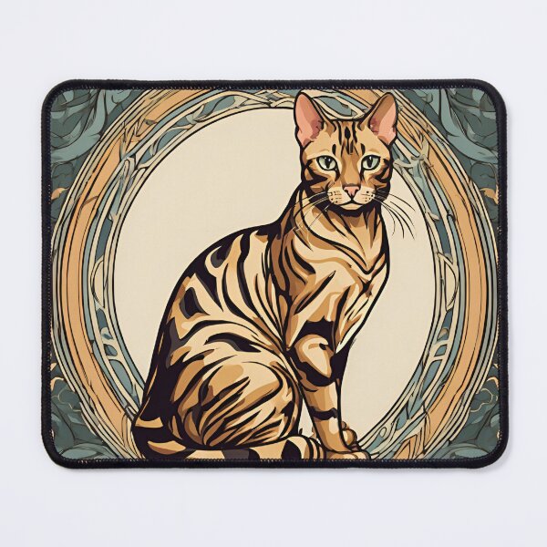 Item preview, Art Nouveau Bengal cat sitting next to flowers designed and sold by LumiLemon.