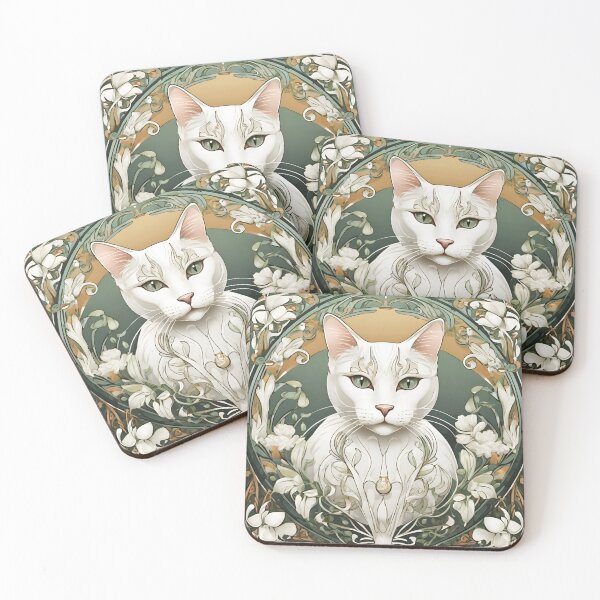 Item preview, Art Nouveau white cat with green eyes designed and sold by LumiLemon.