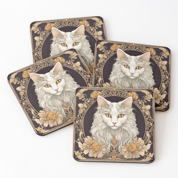 Item preview, Art Nouveau white angora cat with yellow eyes designed and sold by LumiLemon.