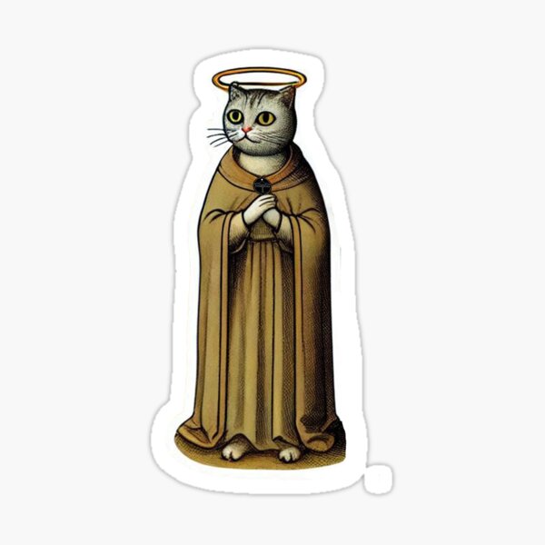 Vista previa del artículo con la obra «Divertido arte medieval de un gato sagrado, monje sacerdote con un halo», diseñado y vendido por GarStopmotion.