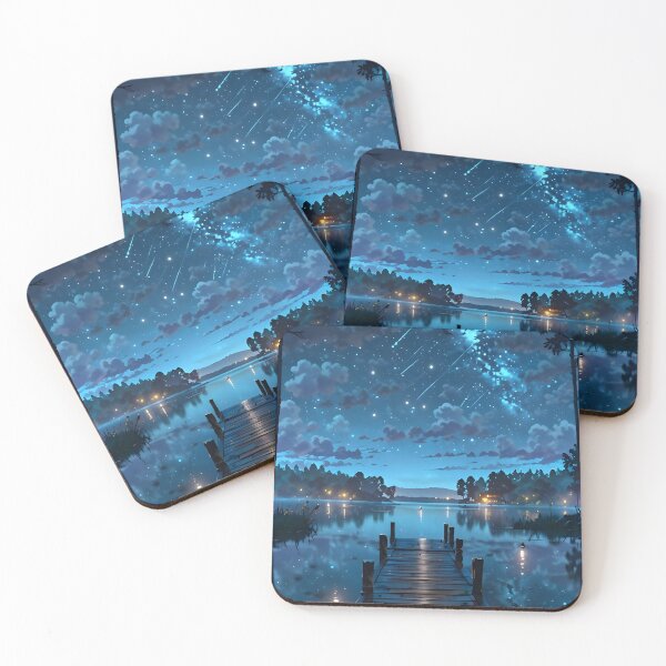 Item preview, beautiful landscape of a lake under a starry blue sky at night designed and sold by Landscape-Anime.