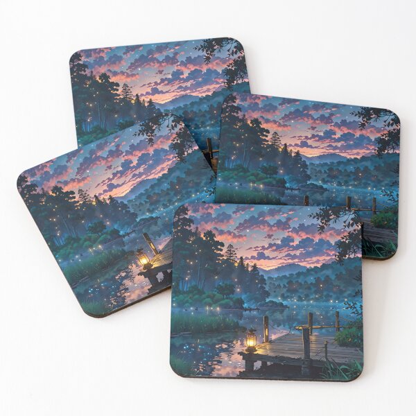 Item preview, lagoon landscape with illuminated pier at starry sunset designed and sold by Landscape-Anime.