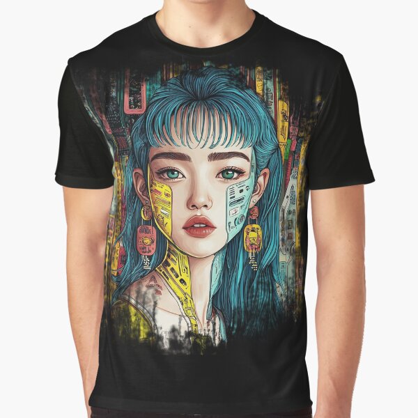 Vista previa del artículo con la obra «Retrato digital de una mujer ciberpunk futurista», diseñado y vendido por Print Haven Design.