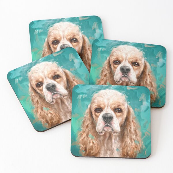 Item preview, Expressive Painting of a Gorgeous Blonde Cocker Spaniel on a Green Teal Background designed and sold by ibadishi.