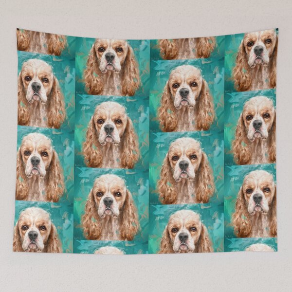 Item preview, Expressive Painting of a Gorgeous Blonde Cocker Spaniel on a Green Teal Background designed and sold by ibadishi.