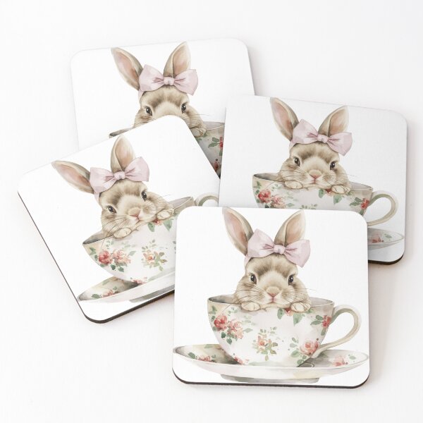 Item preview, Adorable watercolor illustration of a bunny with a pink bow sitting inside a floral teacup, creating a charming and whimsical scene.   designed and sold by ImagineCorner.