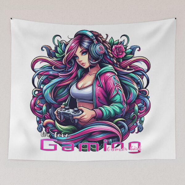 Item preview, Anime/Manga style, woman with controller, gamepad, we love video games lettering designed and sold by Salimgor Hangaround Music.