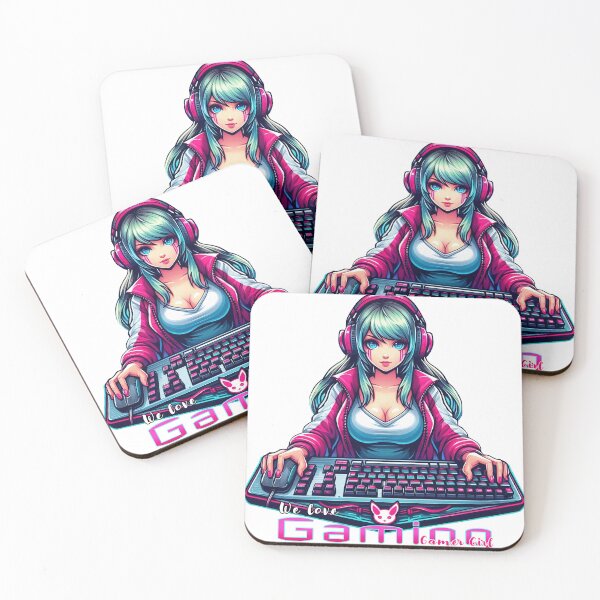 Item preview, Anime/Manga style, woman with keyboard and mouse, we love video games lettering designed and sold by Salimgor Hangaround Music.