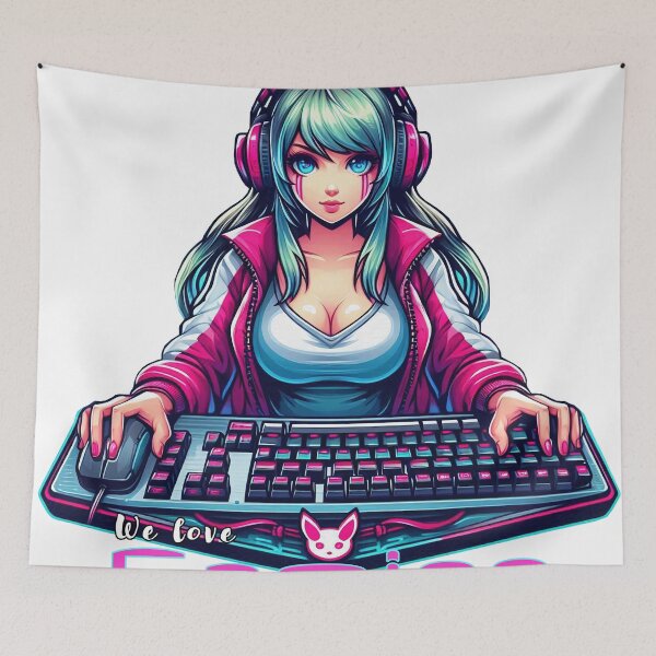 Item preview, Anime/Manga style, woman with keyboard and mouse, we love video games lettering designed and sold by Salimgor Hangaround Music.