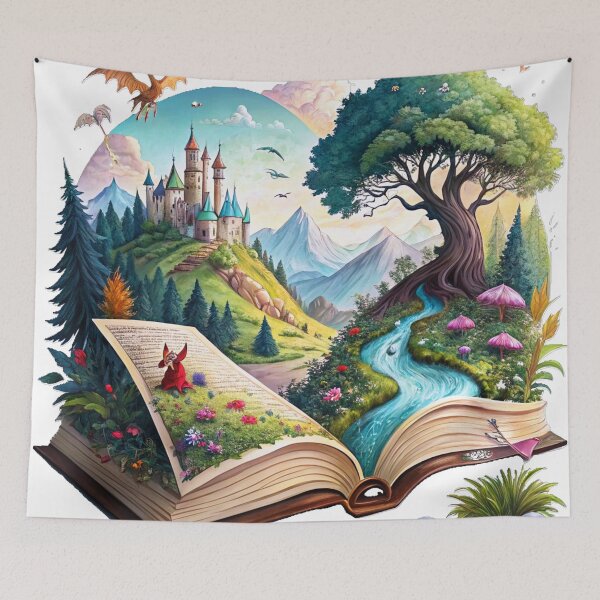 Item preview, Escape into Fiction, Design Featuring A Fantasy World Emerging From An Open Book, Book Lover, Bibliophile, Bookworm, Book Addict, Reading Time designed and sold by PixelStoneDesign .