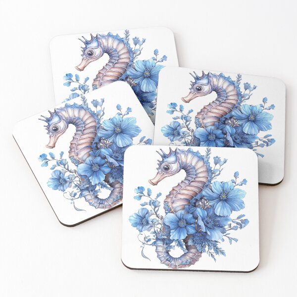 Item preview, Intricate seahorse design surrounded by vibrant blue flowers in a delicate composition designed and sold by Anastasiia Yurevych.