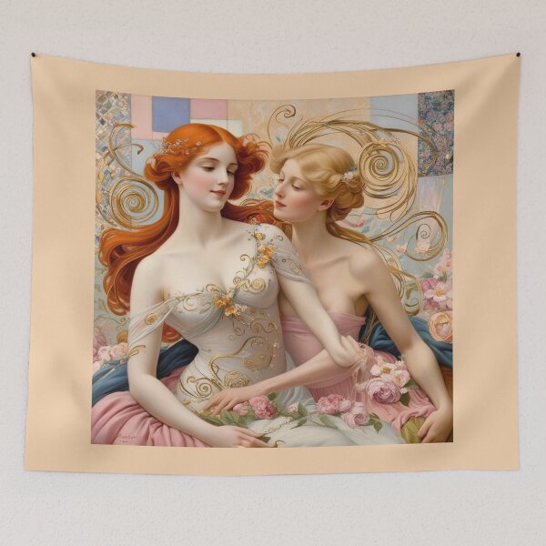 Item preview,  Beautiful painting of two  Art Nouveau Renaissance Impressionistic women together after Gustav Klimt designed and sold by Vintage Designs +.