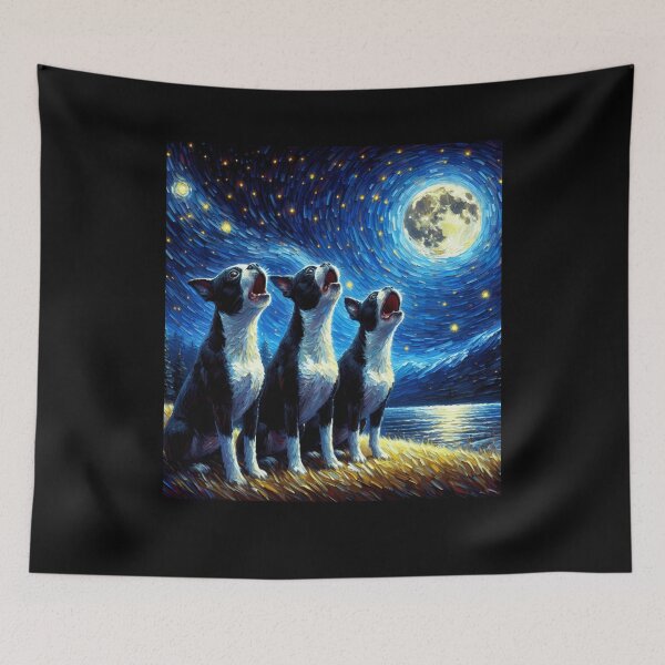 Item preview, Starry Night Three Boston Terriers Howling at Moon Dog Lover designed and sold by Kimberley King Art  King Art.