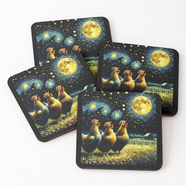 Item preview, Starry Night Three Chicken Howling at Moon Farm Farmer designed and sold by Kimberley King Art  King Art.