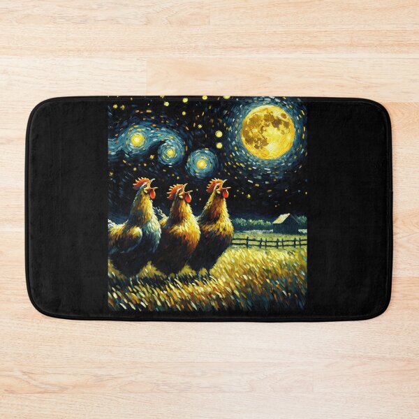 Item preview, Starry Night Three Chicken Howling at Moon Farm Farmer designed and sold by Kimberley King Art  King Art.