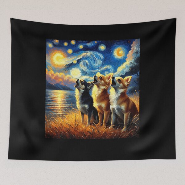 Item preview, Starry Night Three Chihuahuas Howling at Moon Dog Lover designed and sold by Kimberley King Art  King Art.