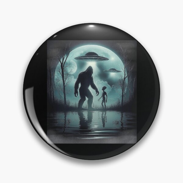 Item preview, Bigfoot and Alien Under UFO Lights in Mystical Forest designed and sold by love3617.
