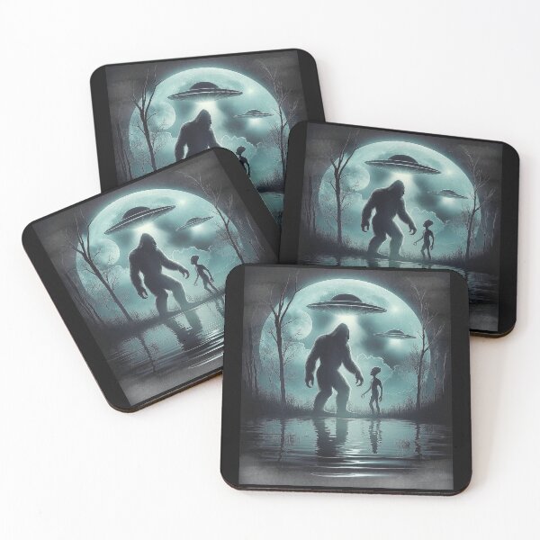 Item preview, Bigfoot and Alien Under UFO Lights in Mystical Forest designed and sold by love3617.